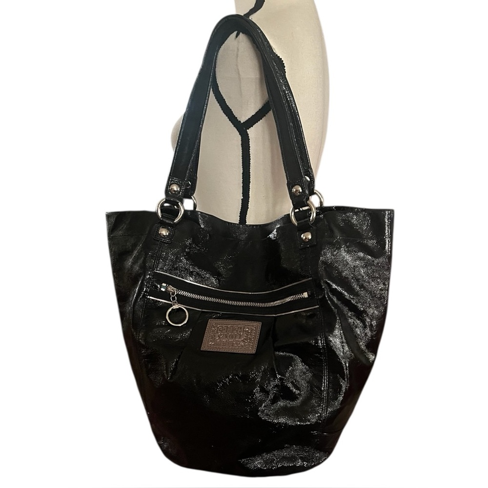 Coach Poppy Black textured patent leather Tote  Bucket Handbag.